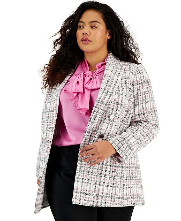 Bar III Plus Size Plaid Open-Front Button-Detail Blazer, Created For Macy's 1 Bar III Plus Size Plaid Open-Front Button-Detail Blazer, Created For Macy's