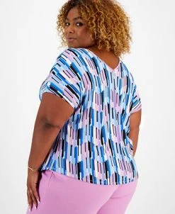 Bar III Plus Size Printed Seamed V-Neck Short-Sleeve Top, Created For Macy's -Anne Klein Sales Store 23359082 fpx