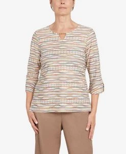 Alfred Dunner Women's Stonehenge Crewneck 3/4 Sleeve Top With Removable Necklace