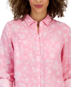 Charter Club Women's Linen Floral Tab-Sleeve Shirt, Created For Macy's 6 Charter Club Women's Linen Floral Tab-Sleeve Shirt, Created For Macy's -Anne Klein Sales Store 23379543 fpx