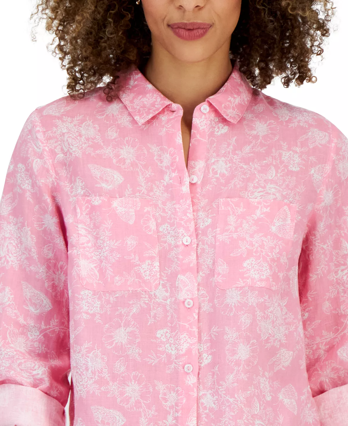 Charter Club Women's Linen Floral Tab-Sleeve Shirt, Created For Macy's 3 Charter Club Women's Linen Floral Tab-Sleeve Shirt, Created For Macy's - Image 3