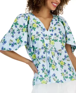 Charter Club Women's Linen Floral Flutter-Sleeve Top, Created For Macy's -Anne Klein Sales Store 23379564 fpx