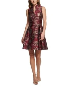 Vince Camuto Women's Jacquard Ruffled-Neck Fit & Flare Dress