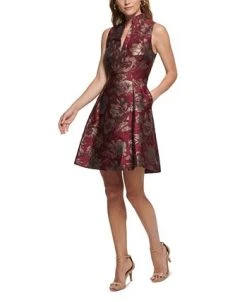 Vince Camuto Women's Jacquard Ruffled-Neck Fit & Flare Dress -Anne Klein Sales Store 23387961 fpx
