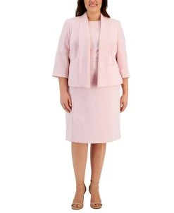 Kasper Plus Size Stretch Crepe Open-Front Jacket & Cap Sleeve Princess Seam Dress