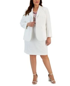 Kasper Plus Size Three Button Peak Lapel Jacket, Floral Printed Cowl Neck Top, & Princess Seam Pencil Skirt