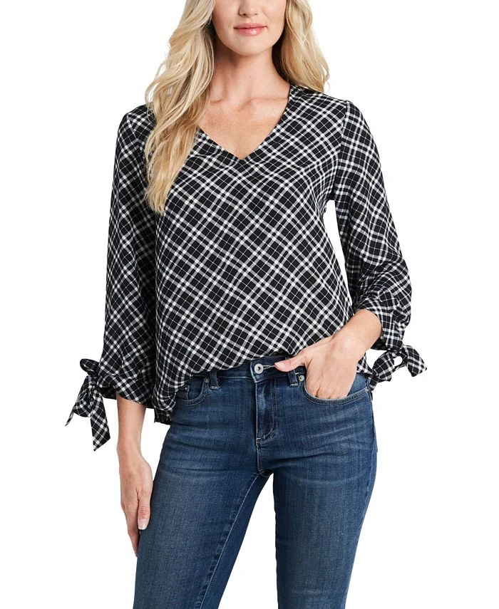 CeCe Women's Plaid Tie Sleeve Blouse 1 CeCe Women's Plaid Tie Sleeve Blouse