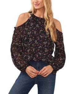 CeCe Women's Satin Stripe Cold Shoulder Blouse