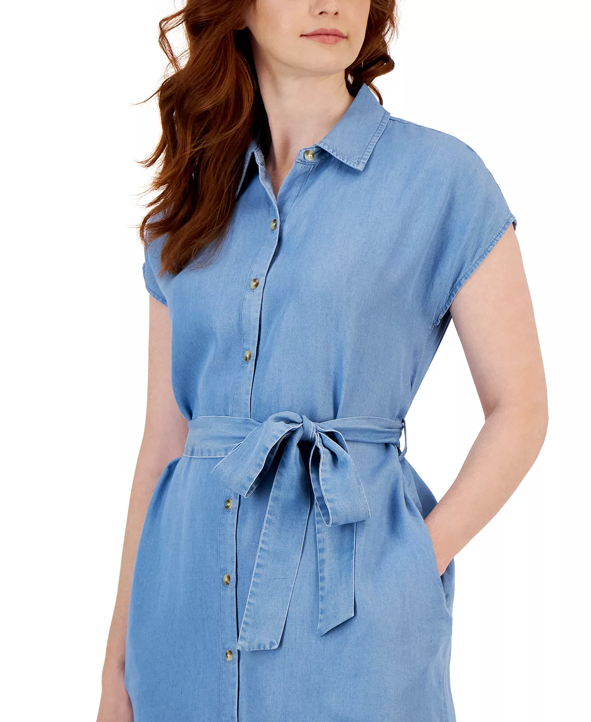Style & Co Women's Tie-Waist Short-Sleeve Denim Shirtdress, Created For Macy's 4 Style & Co Women's Tie-Waist Short-Sleeve Denim Shirtdress, Created For Macy's - Image 4