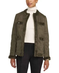 Anne Klein Women's Scuba Faux Suede Quilted Faux-Fur-Trim Jacket