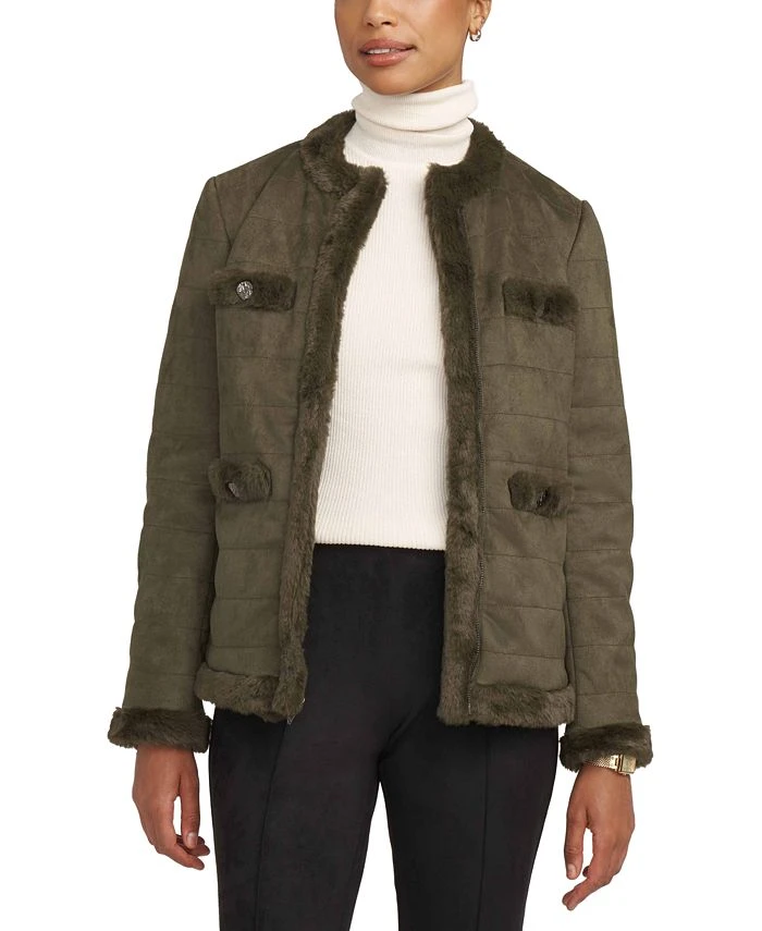 Anne Klein Women's Scuba Faux Suede Quilted Faux-Fur-Trim Jacket 1 Anne Klein Women's Scuba Faux Suede Quilted Faux-Fur-Trim Jacket