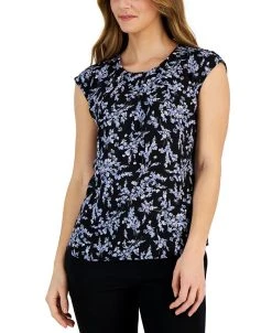 Kasper Women's Printed Pleat-Neck Sleeveless Top