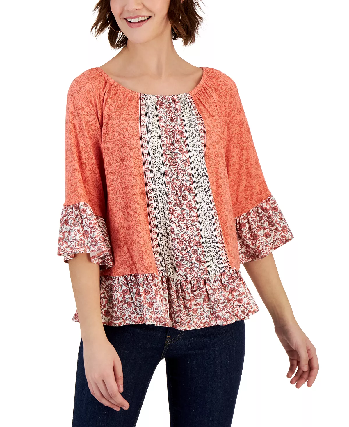 Style & Co Women's Printed On Off Knit Top, Created For Macy's 5 Style & Co Women's Printed On Off Knit Top, Created For Macy's - Image 5