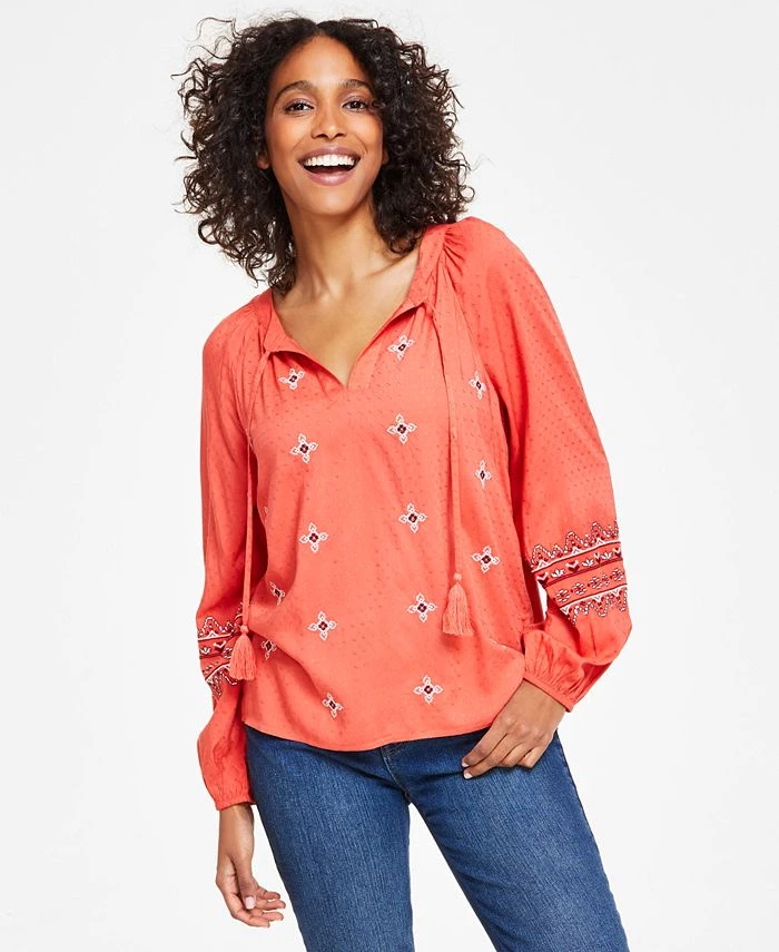 Style & Co Women's Drapey Embroidered Long-Sleeve Top, Created For Macy's 1 Style & Co Women's Drapey Embroidered Long-Sleeve Top, Created For Macy's