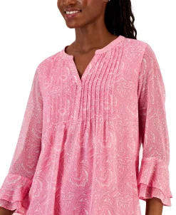 Charter Club Women's Printed Split-Neck Top, Created For Macy's -Anne Klein Sales Store 23507887 fpx