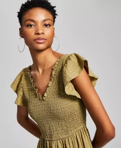 And Now This Women's Smocked Flutter-Sleeve Midi Dress 5 And Now This Women's Smocked Flutter-Sleeve Midi Dress -Anne Klein Sales Store 23514941 fpx