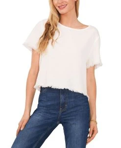 Vince Camuto Women's Crewneck Frayed-Hem Woven Top