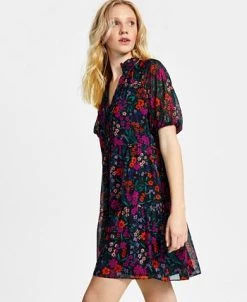 CeCe Women's Floral-Print Puff-Sleeve Babydoll Dress -Anne Klein Sales Store 23520707 fpx