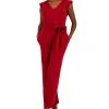 Kasper Scuba Crepe V-Neck Flutter-Sleeve Belted Jumpsuit