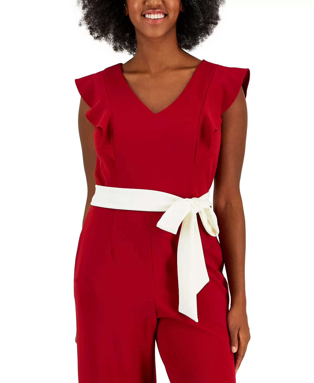 Kasper Scuba Crepe V-Neck Flutter-Sleeve Belted Jumpsuit 4 Kasper Scuba Crepe V-Neck Flutter-Sleeve Belted Jumpsuit - Image 4