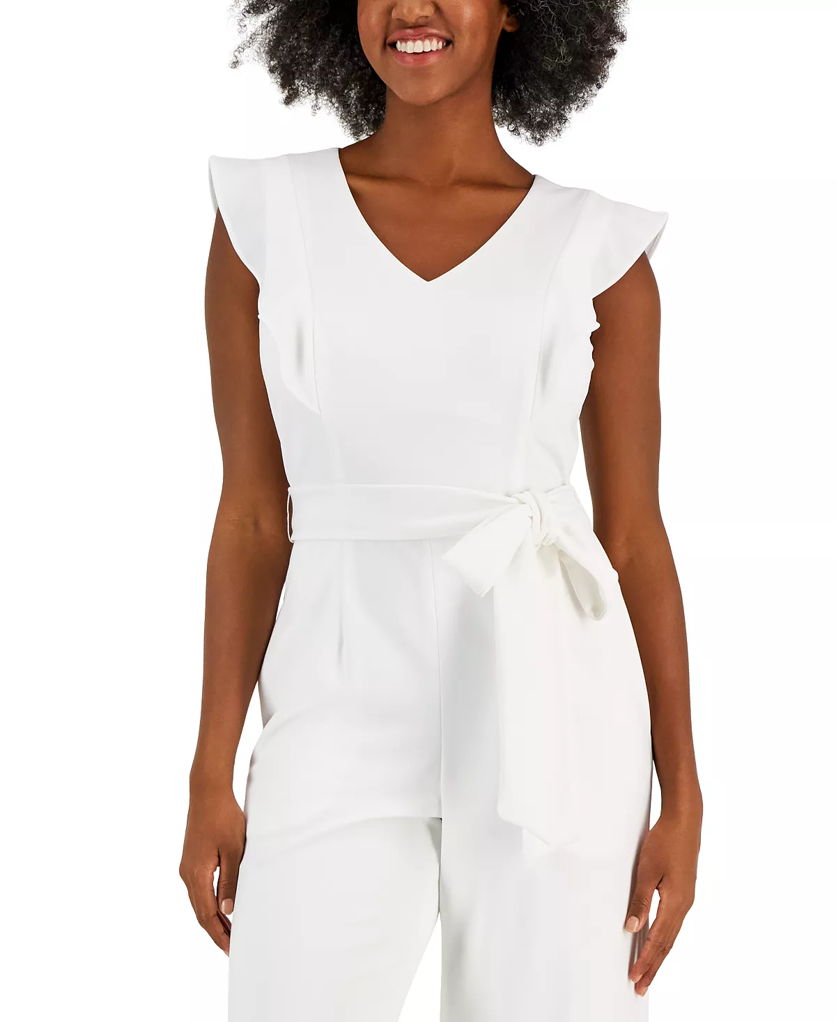 Kasper Scuba Crepe V-Neck Flutter-Sleeve Belted Jumpsuit 5 Kasper Scuba Crepe V-Neck Flutter-Sleeve Belted Jumpsuit - Image 5