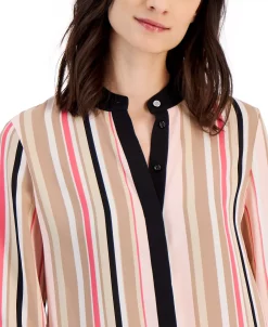 Anne Klein Women's Striped Collarless Hidden Placket Shirt -Anne Klein Sales Store 23542102 fpx