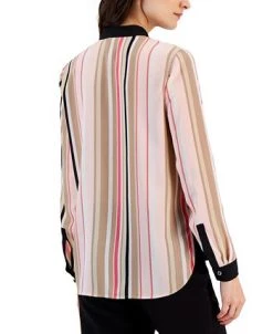 Anne Klein Women's Striped Collarless Hidden Placket Shirt -Anne Klein Sales Store 23542103 fpx