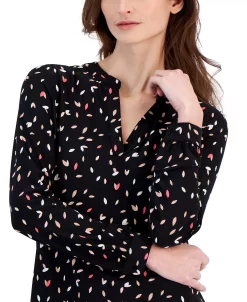 Anne Klein Women's Printed Split-Neck Long-Sleeve Top -Anne Klein Sales Store 23542356 fpx