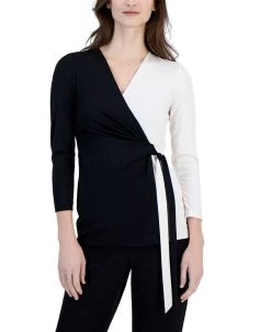 Anne Klein Women's Harmony-Knit Colorblocked Faux-Wrap Top