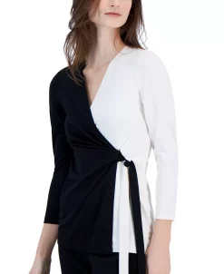 Anne Klein Women's Harmony-Knit Colorblocked Faux-Wrap Top -Anne Klein Sales Store 23542464 fpx