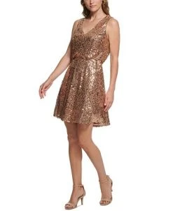 Vince Camuto Women's Sequin V-Neck Blouson Fit & Flare Dress -Anne Klein Sales Store 23546684 fpx