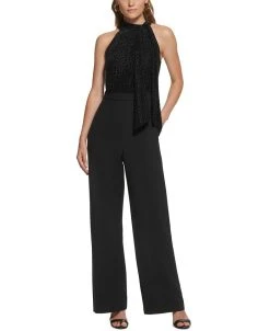 Vince Camuto Women's Burnout Velvet Tie-Neck Mixed-Media Jumpsuit