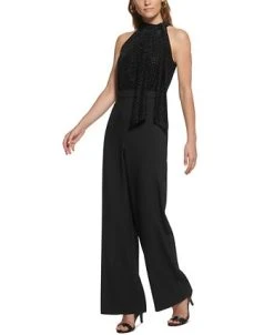 Vince Camuto Women's Burnout Velvet Tie-Neck Mixed-Media Jumpsuit -Anne Klein Sales Store 23546723 fpx