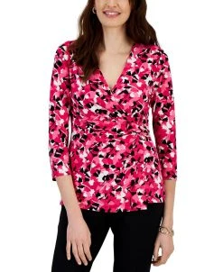 Kasper Printed 3/4-Sleeve Wrap Buckle Blouse