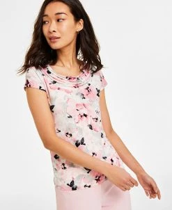 Kasper Women's Floral-Print Cap-Sleeve Cowlneck Top, Created For Macy's