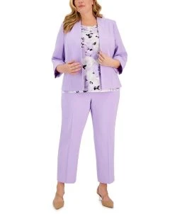 Kasper Plus Open-Front Jacket, Floral Print Cowl-Neck Top, & Mid-Rise Ankle Pants