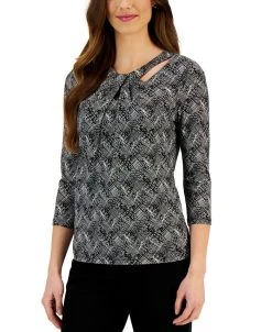 Kasper Women's Abstract-Print Cut-Out Long-Sleeve Top