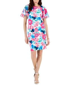 Kasper Printed Scuba Crepe Sheath Flutter Sleeve Dress