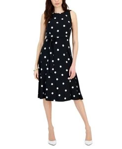 Kasper Fit & Flare Polka Dot Side Tie Dress