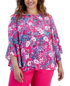 Kasper Plus Size Floral-Print Ruffle-Sleeve Blouse