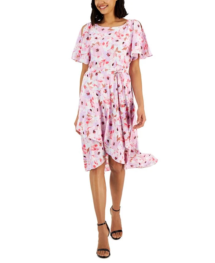 Anne Klein Women's Printed Slit-Shoulder Tie-Waist Dress 1 Anne Klein Women's Printed Slit-Shoulder Tie-Waist Dress