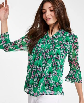 Charter Club Women's Butterfly-Print Pintuck Top, Created For Macy's 3 Charter Club Women's Butterfly-Print Pintuck Top, Created For Macy's - Image 3