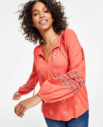Style & Co Women's Drapey Embroidered Long-Sleeve Top, Created For Macy's 3 Style & Co Women's Drapey Embroidered Long-Sleeve Top, Created For Macy's - Image 3