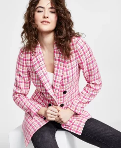 Bar III Women's Plaid Tweed Double-Breasted Blazer, Created For Macy's -Anne Klein Sales Store 23622237 fpx