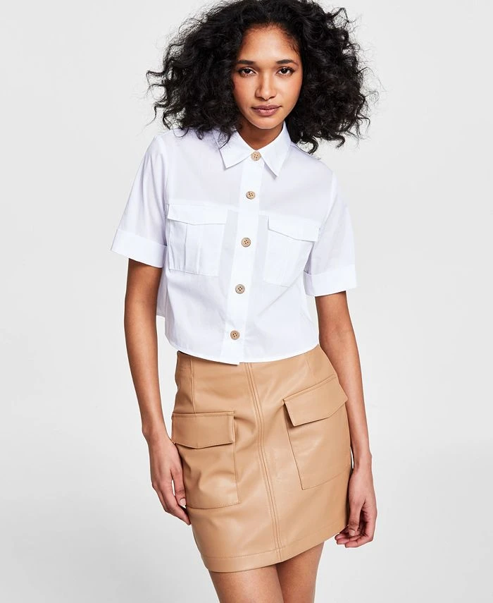 Bar III Women's Cropped Cuffed-Sleeve Pocket Shirt, Created For Macy's 1 Bar III Women's Cropped Cuffed-Sleeve Pocket Shirt, Created For Macy's