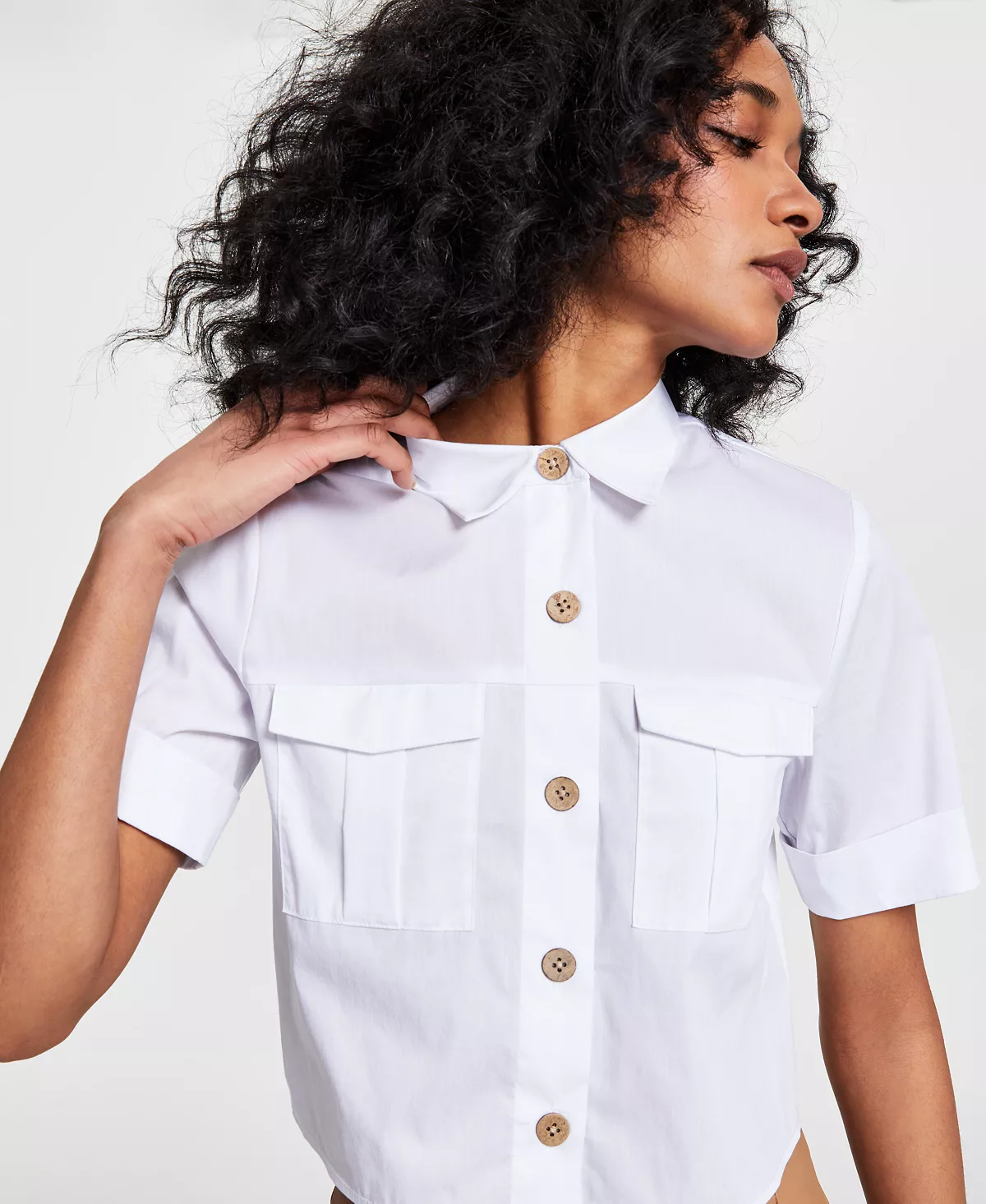 Bar III Women's Cropped Cuffed-Sleeve Pocket Shirt, Created For Macy's 3 Bar III Women's Cropped Cuffed-Sleeve Pocket Shirt, Created For Macy's - Image 3