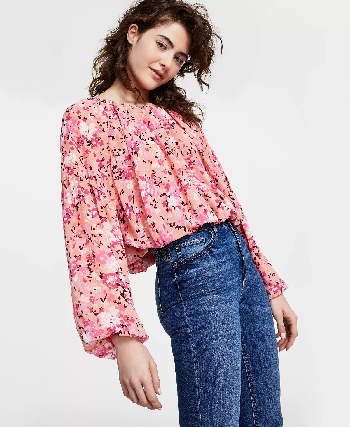 Bar III Women's Floral-Print Boat-Neck Peasant Top, Created For Macy's 3 Bar III Women's Floral-Print Boat-Neck Peasant Top, Created For Macy's - Image 3
