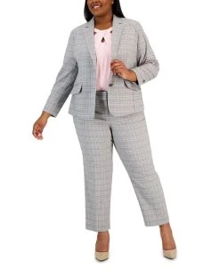 Kasper Plus Size Plaid Blazer, Twist-Neck Top & Straight-Leg Ankle Pants