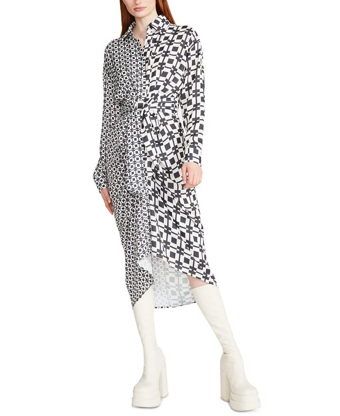 Steve Madden Women's Sula Mixed-Print Tie-Front Satin Midi Shirtdress 1 Steve Madden Women's Sula Mixed-Print Tie-Front Satin Midi Shirtdress