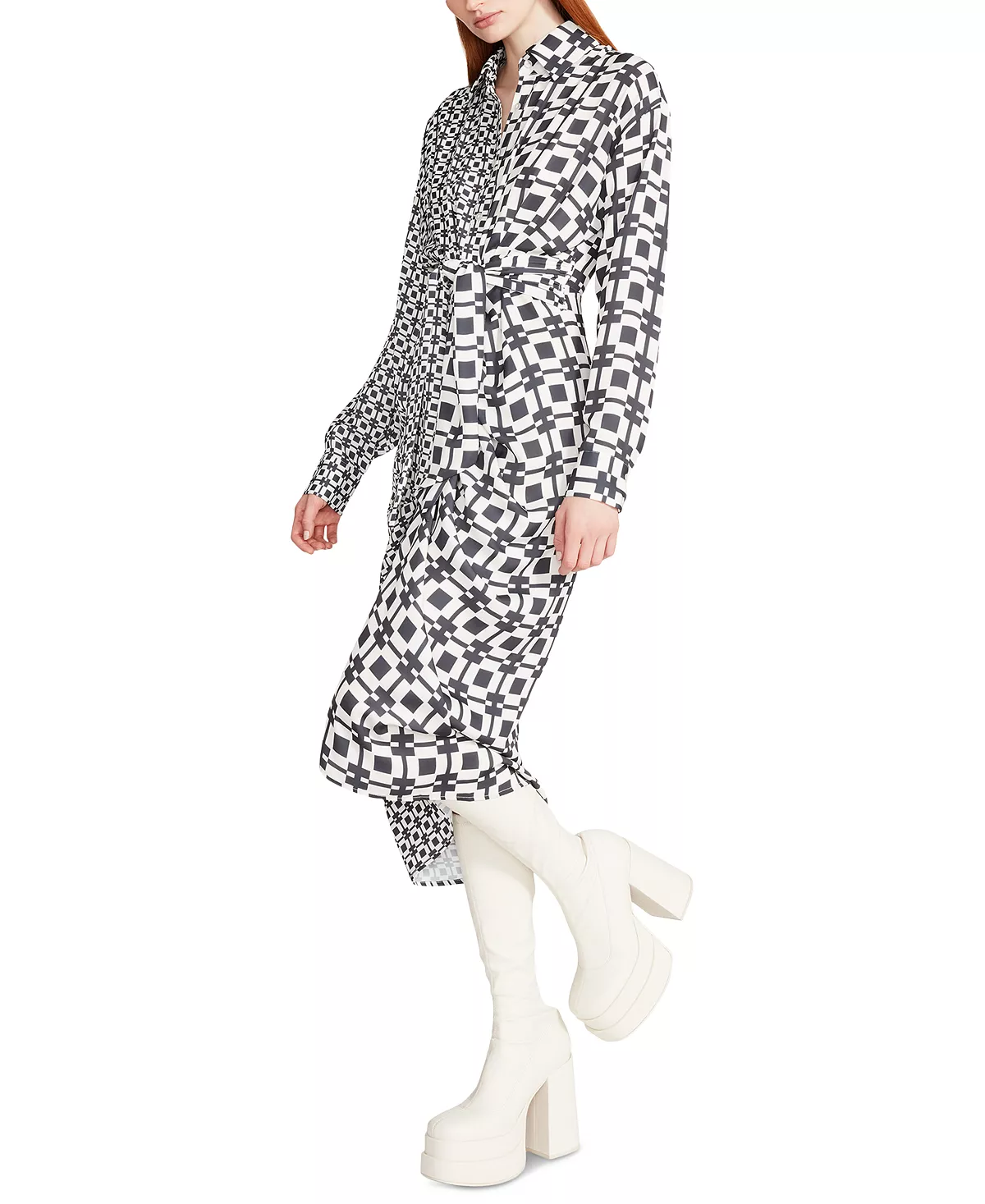 Steve Madden Women's Sula Mixed-Print Tie-Front Satin Midi Shirtdress 4 Steve Madden Women's Sula Mixed-Print Tie-Front Satin Midi Shirtdress - Image 4